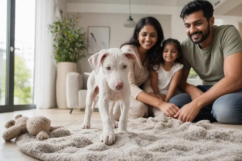 Ein neugieriger Rajapalayam Welpe entdeckt seine neue Umgebung mit weicher Decke und Spielzeug, während eine liebevolle Familie im Hintergrund agiert.