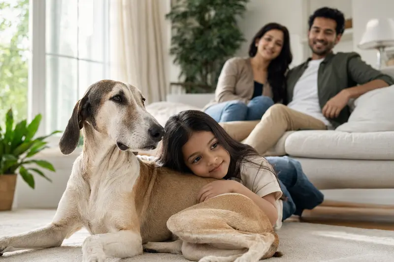 Ein freundlicher Rampur Hound liegt entspannt neben einem Kind im hellen Wohnzimmer mit den Eltern im Hintergrund, was eine sichere und vertrauensvolle Familiensituation zeigt.