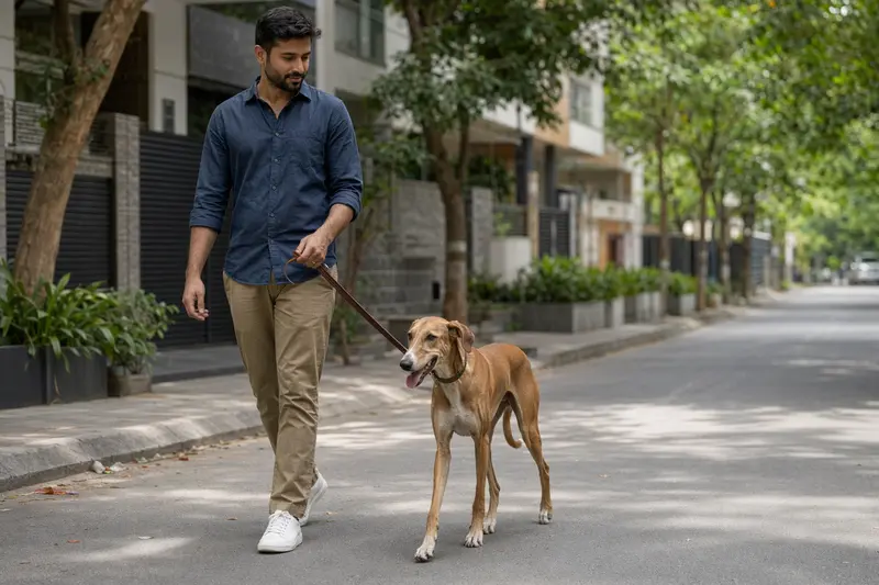 Ein Rampur Hound läuft an der Leine mit seinem Besitzer durch eine freundliche moderne Stadtstraße.