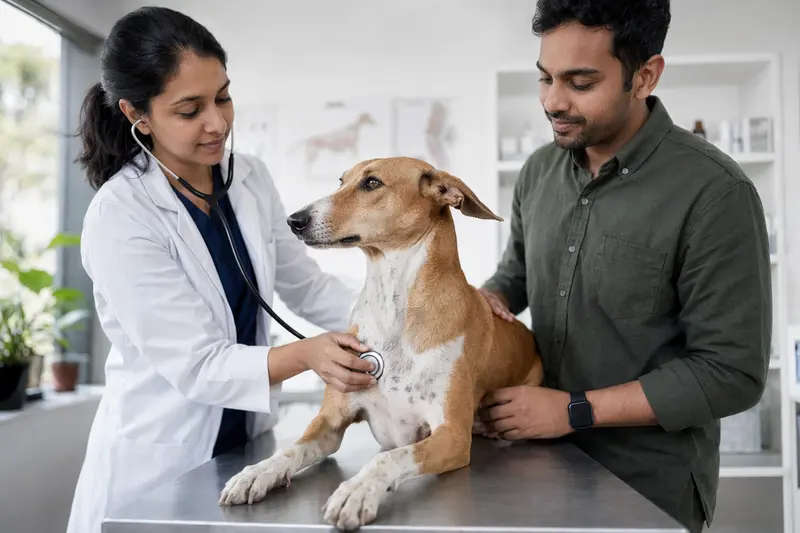 Ein ruhiger Rampur Hound Hund wird von einer freundlichen Tierärztin auf dem Untersuchungstisch untersucht.