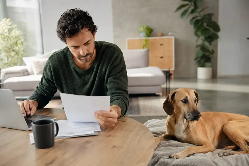 Ein Hundebesitzer sitzt mit einer Tierarztrechnung am Tisch, während ein entspannter Rampur Hound auf einer Decke liegt und die Situation in einer hellen Wohnung ruhig wirkt.