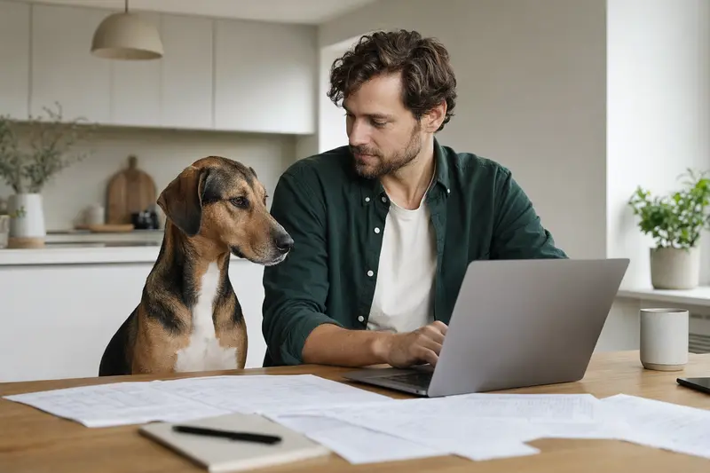 Ein Rampur Hound sitzt ruhig neben seinem Besitzer am Küchentisch, während Versicherungsunterlagen und ein Laptop eine Hundeversicherungssituation zeigen.