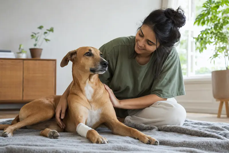 Ein Rampur Hound mit leicht verbundenem Pfotenverband liegt ruhig auf einer Decke, während sein Besitzer erleichtert neben ihm sitzt.