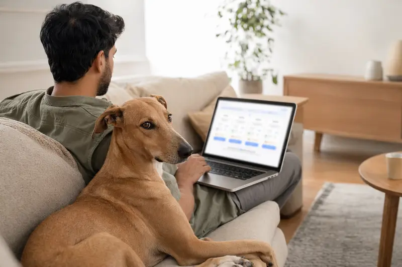 Ein Besitzer sitzt mit Laptop auf dem Sofa neben einem Rampur Hound und vergleicht Versicherungsangebote.