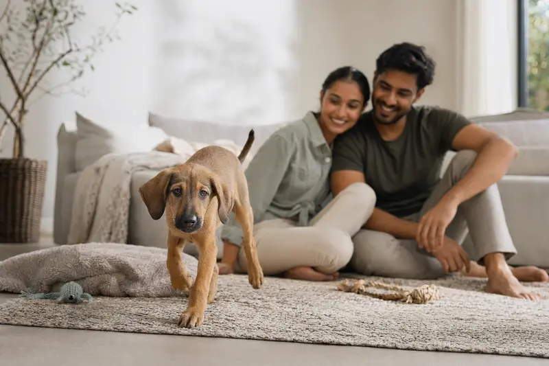 Ein junger Rampur Hound Welpe erkundet neugierig seine neue Umgebung mit einer liebevollen Familie im Hintergrund.