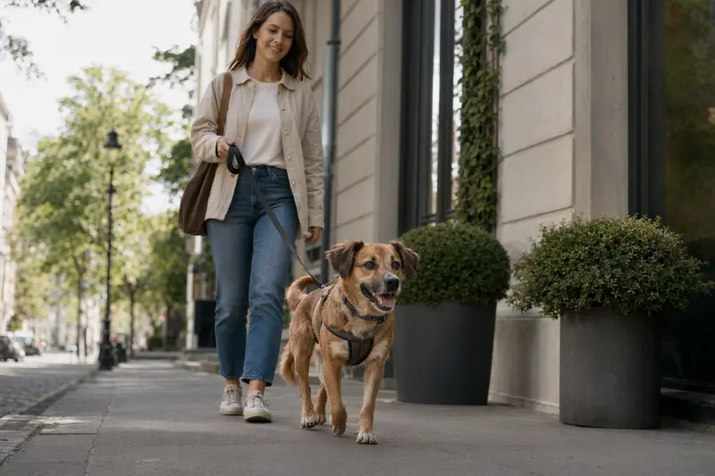 Ein Rampuree Hund läuft entspannt an der Leine mit seinem Besitzer durch eine moderne Stadtstraße.