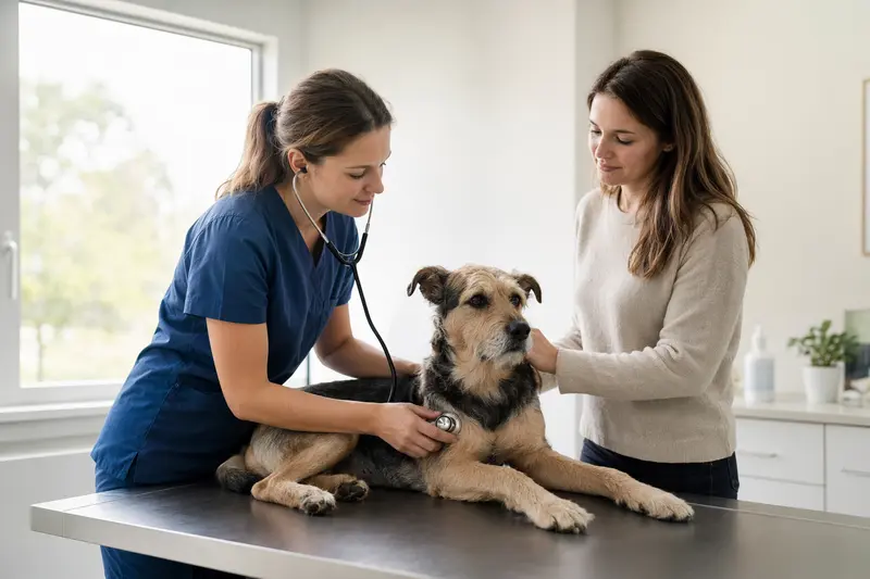 Ein ruhiger Rampuree Hund wird von einer freundlichen Tierärztin in einer modernen Tierarztpraxis mit einem Stethoskop untersucht.