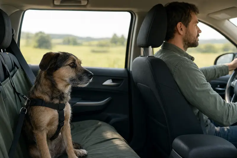 Ein Hund sitzt sicher angeschnallt auf der Rückbank eines Autos, während der Besitzer ruhig fährt und Sonnenlicht durch das Fenster fällt.