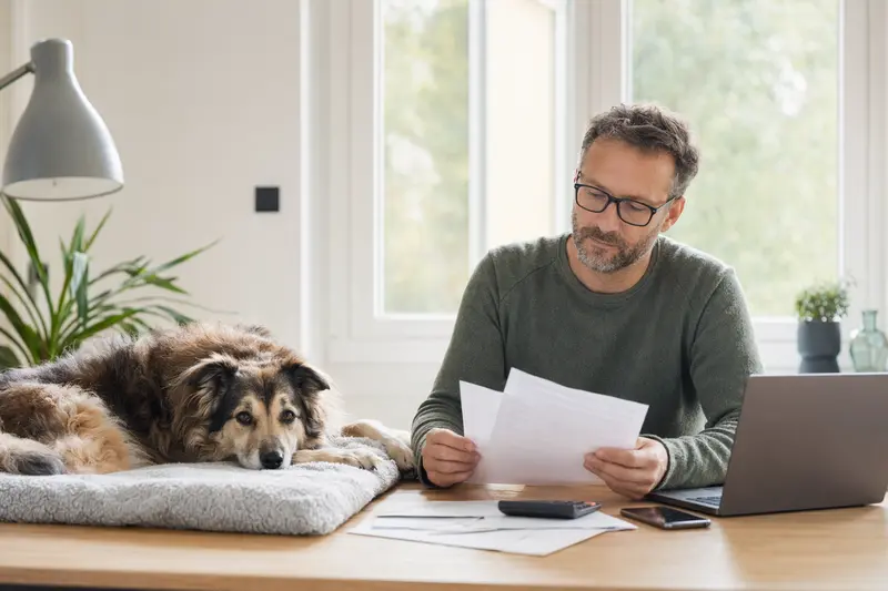 Ein Hundebesitzer sitzt mit einer Tierarztrechnung am Tisch, während ein entspannter Rampuree Hund auf einer Decke liegt und die Situation rund um Tierarztkosten ruhig wirkt.
