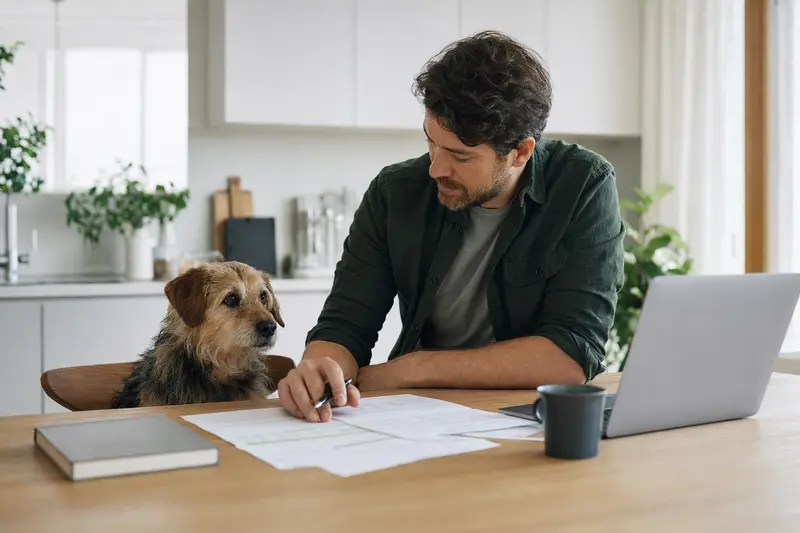 Ein Rampuree Hund sitzt ruhig neben seinem Besitzer am Küchentisch mit Versicherungsunterlagen und einem Laptop zur Hundekrankenversicherung.