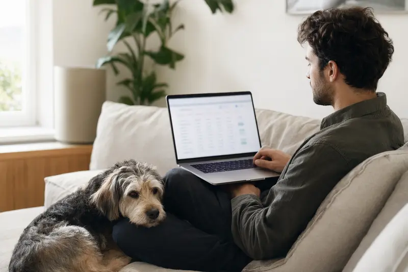 Ein Hundebesitzer arbeitet am Laptop auf dem Sofa, während ein Rampuree Hund neben ihm sitzt.