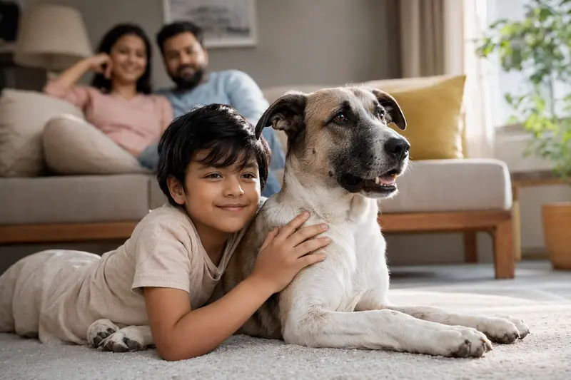 Ein freundlicher Rampuri Hund liegt entspannt neben einem Kind im hellen Wohnzimmer in einer sicheren Familienatmosphäre.