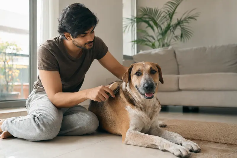 Ein Rampuri Hund wird zuhause liebevoll gebürstet, während sein Besitzer die Fellpflege in einer hellen Wohnung ruhig und aufmerksam übernimmt.