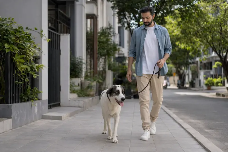Ein Rampuri Hund läuft an der Leine mit seinem Besitzer entspannt durch eine moderne Stadtstraße.