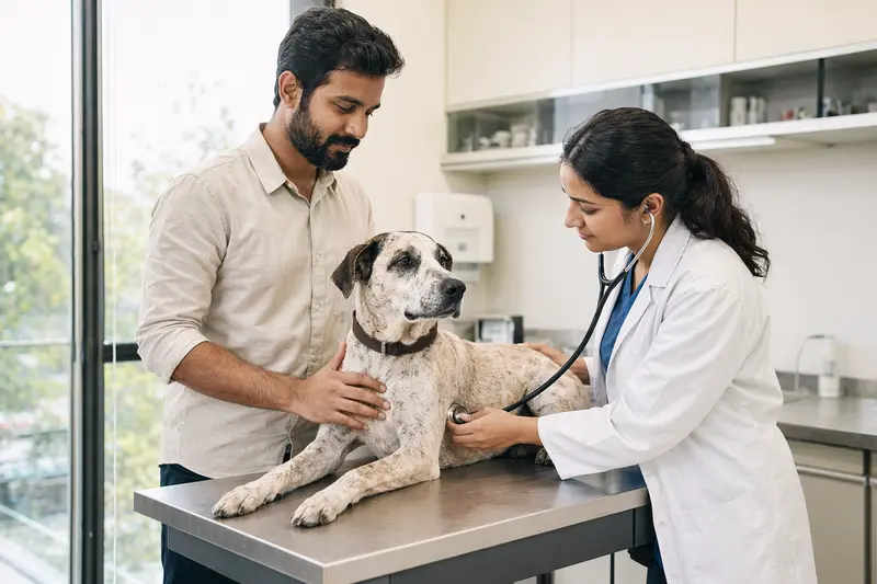 Ein ruhiger Rampuri Hund wird von einer freundlichen Tierärztin mit einem Stethoskop in einer modernen Tierarztpraxis untersucht.