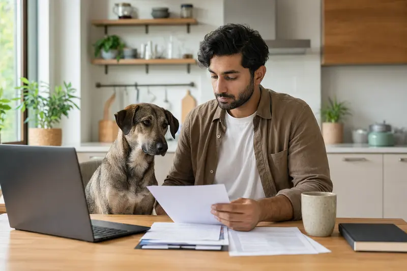 Ein Rampuri-Hund sitzt ruhig neben seinem Besitzer am Küchentisch, während Versicherungsunterlagen und ein Laptop mit einer neutralen Vergleichsseite auf dem Tisch liegen.