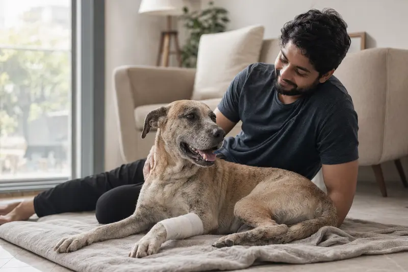 Ein Rampuri Hund mit leicht verbundenem Pfotenverband liegt ruhig auf einer Decke, während sein erleichterter Besitzer neben ihm sitzt.