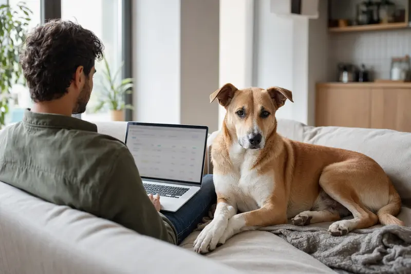Ein Hundehalter nutzt seinen Laptop auf dem Sofa, während ein Rampuri Hund neben ihm sitzt, um Versicherungsoptionen zu vergleichen.