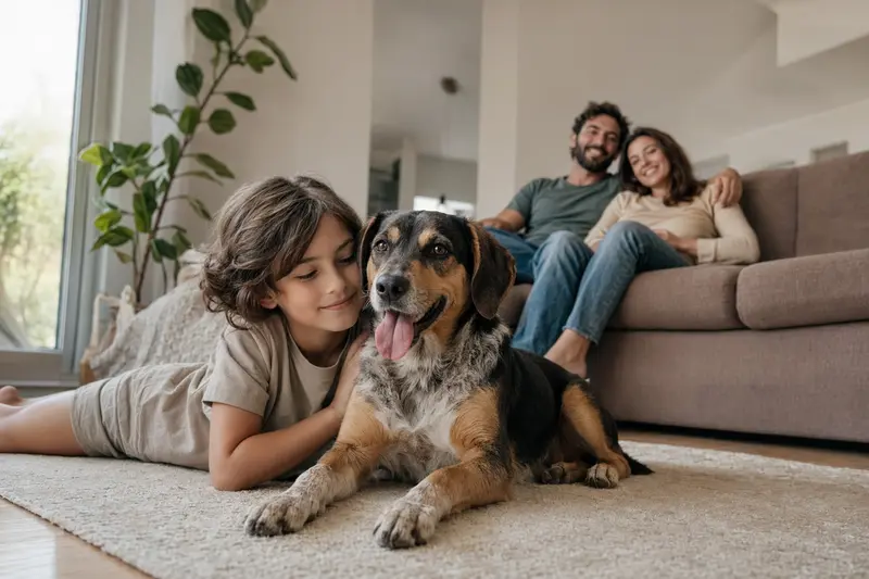 Ein freundlicher Rastreador Brasileiro liegt entspannt neben einem Kind im hellen Wohnzimmer, während die Eltern im Hintergrund für eine sichere Familienatmosphäre sorgen.