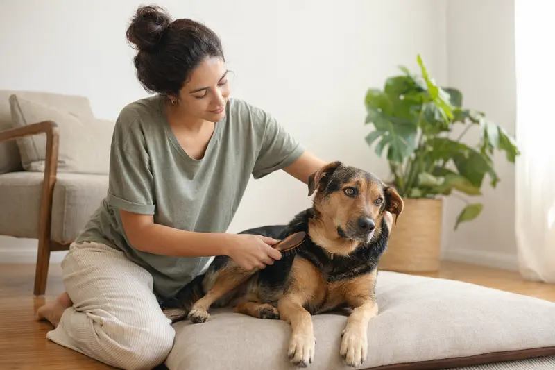 Ein Rastreador Brasileiro wird zuhause von seinem Besitzer sanft gebürstet, was die liebevolle Fellpflege und verantwortungsvolle Hundegesundheit zeigt.