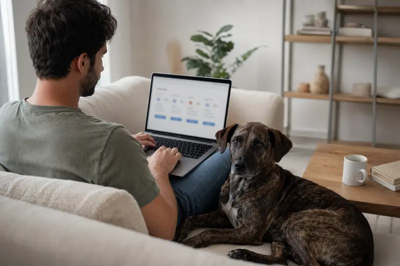 Ein Hund sitzt neben seinem Besitzer auf dem Sofa, während dieser am Laptop einen neutralen Versicherungsvergleich zur Tierkrankenversicherung durchführt.