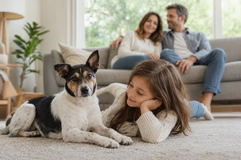 Ein Rat Terrier liegt entspannt neben einem Kind im Wohnzimmer, während die Eltern im Hintergrund eine sichere und warme Familienatmosphäre schaffen.