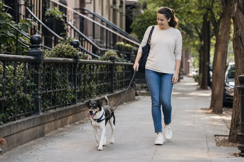 Ein Rat Terrier läuft an der Leine mit seinem Besitzer durch eine moderne Stadtstraße.