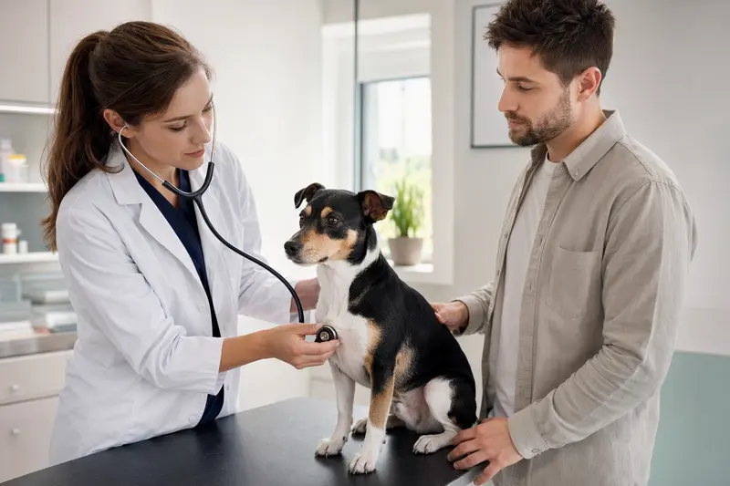 Ein ruhiger Rat Terrier wird behutsam von einer freundlichen Tierärztin mit einem Stethoskop untersucht, während sein Besitzer beruhigend daneben steht.