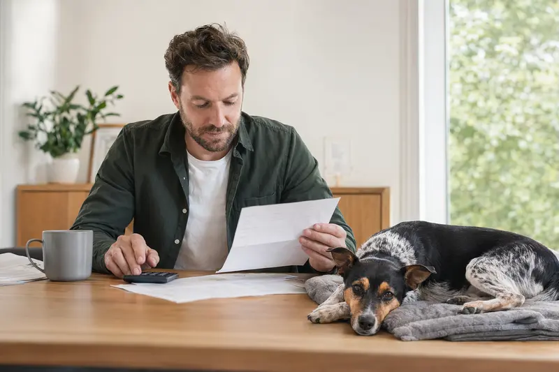 Ein Hundehalter sitzt mit einer Tierarztrechnung am Tisch, während ein entspannter Rat Terrier auf einer Decke neben ihm liegt und die Hundekrankenversicherung thematisch unterstützt.