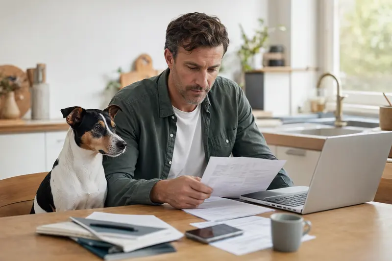 Ein Rat Terrier sitzt ruhig neben seinem Besitzer am Küchentisch mit Versicherungsunterlagen und einem Laptop zu einer Tierkrankenversicherung.