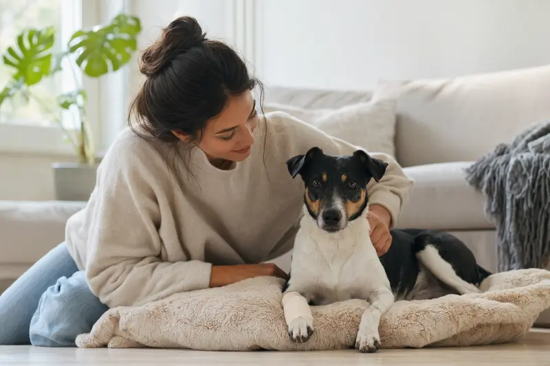Rat Terrier mit leicht verbundenem Pfotenverband liegt ruhig auf einer Decke neben seinem erleichterten Besitzer in einer hellen Wohnung.