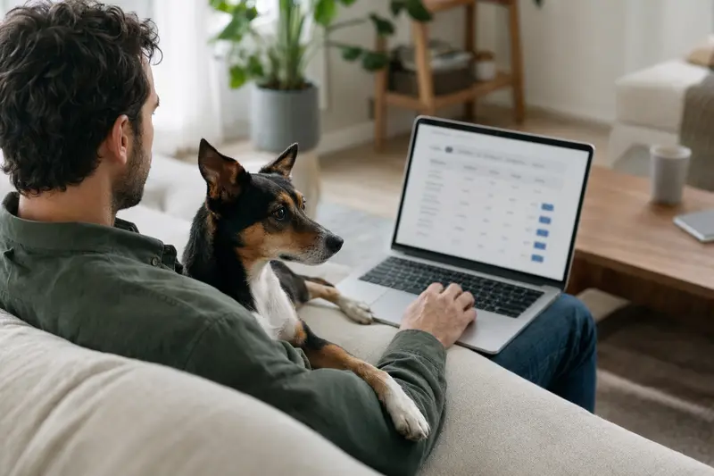 Ein Hundehalter arbeitet am Laptop im Wohnzimmer, während sein Rat Terrier Hund neben ihm sitzt, was die einfache Entscheidungsfindung in Bezug auf Tierversicherungen verdeutlicht.