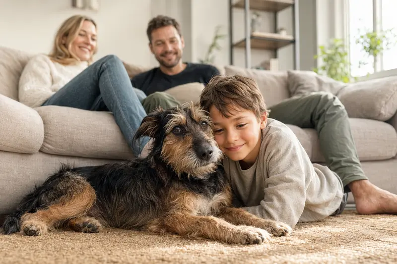 Ein Rater Mallorqui liegt entspannt neben einem Kind im Wohnzimmer in einer sicheren Familienatmosphäre.
