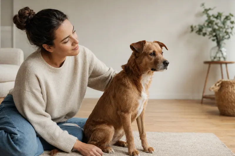 Aufmerksamer Rater Mallorqui Hund in natürlicher Haltung vor hellem neutralem Hintergrund.
