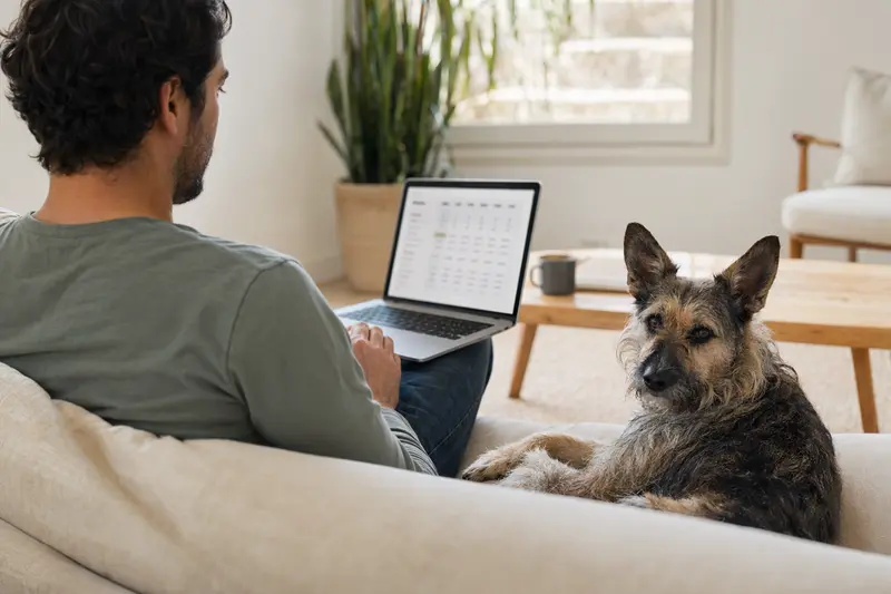 Ein Hundebesitzer arbeitet am Laptop auf dem Sofa, während sein Rater Mallorqui neben ihm sitzt und eine neutrale Versicherungsvergleichsseite angezeigt wird.