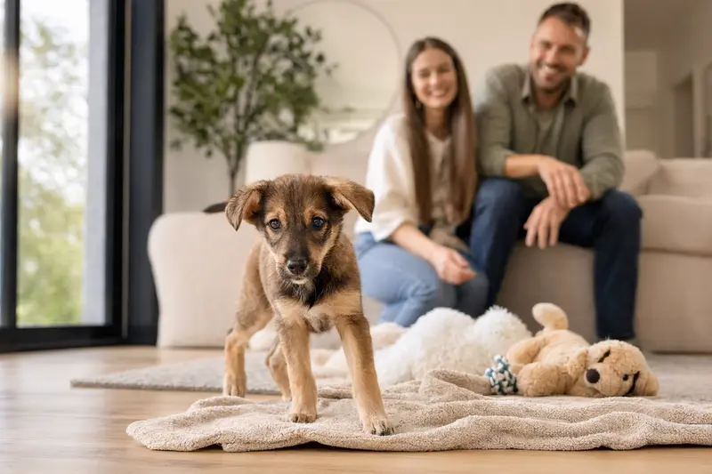 Ein junger Rater Mallorqui Welpe erkundet neugierig sein neues Zuhause mit Spielzeug und einer liebevollen Familie im Hintergrund.