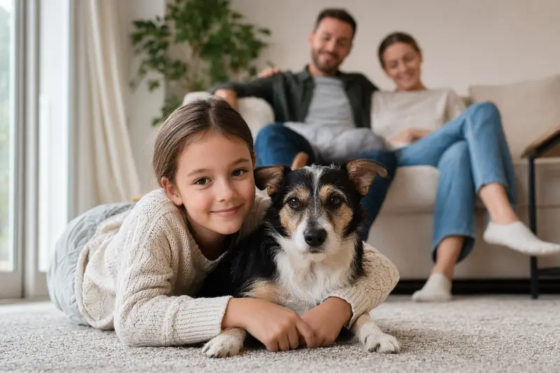 Ein freundlicher Ratero Hund liegt entspannt neben einem Kind im Wohnzimmer, während die Eltern im Hintergrund für eine sichere Familienatmosphäre sorgen.