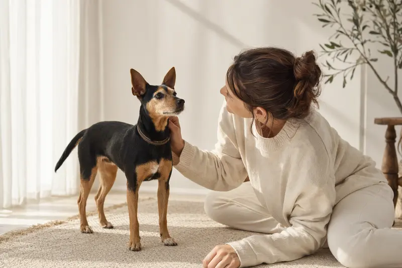 Ein aufmerksamer Ratero Hund steht in natürlicher Haltung vor hellem Hintergrund, als realistisches Tierportrait mit weichem Licht.