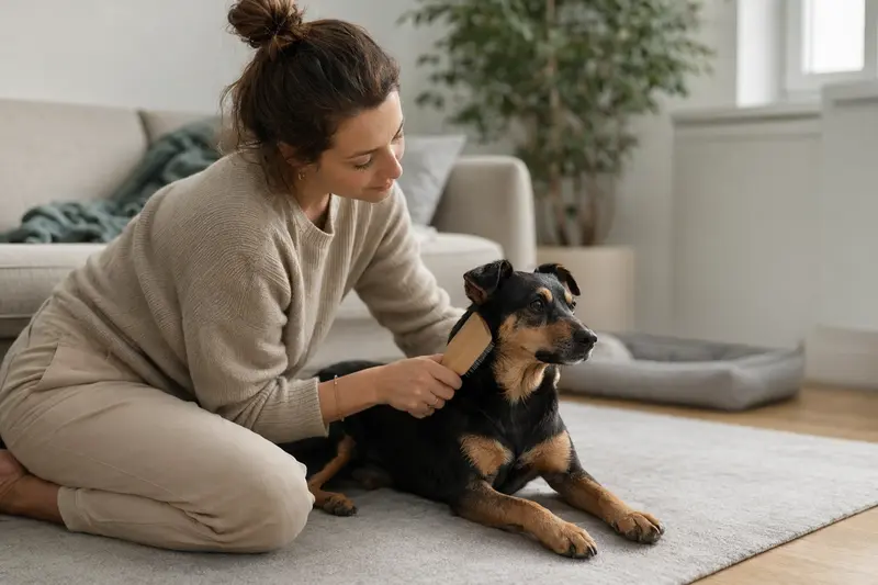 Ein Ratero Hund wird in einer hellen Wohnung sanft gebürstet, während sich der Besitzer liebevoll um die Fellpflege kümmert.