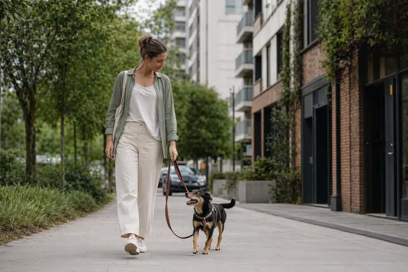 Ein Ratero Hund läuft an der Leine mit seinem Besitzer durch eine moderne Stadtstraße.