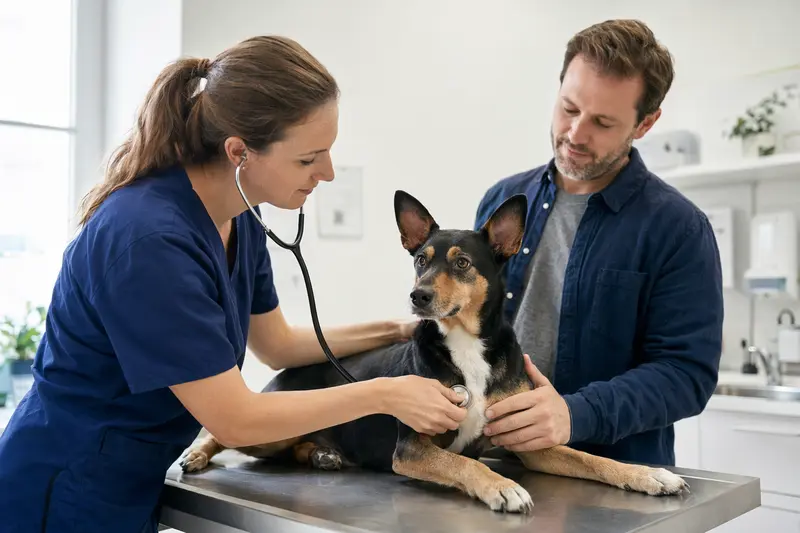 Ein Ratero Hund wird behutsam von einer Tierärztin mit Stethoskop in einer modernen Praxis untersucht, während sein Besitzer beruhigend danebensteht.