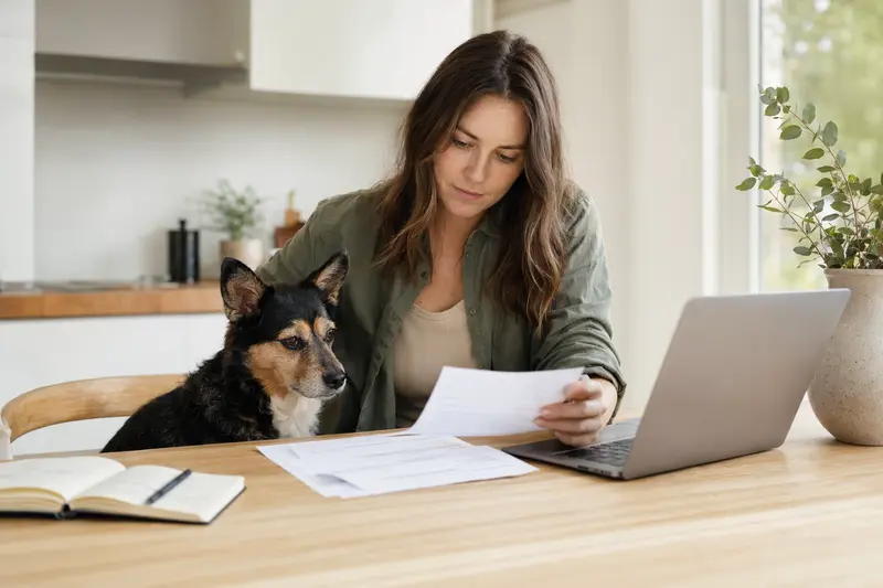 Ein Ratero Hund sitzt ruhig neben seinem Besitzer am Küchentisch mit Versicherungsunterlagen und einem Laptop zur Hundekrankenversicherung.