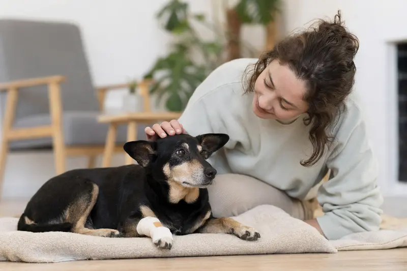Ratero Hund mit leicht verbundenen Pfote liegt ruhig auf einer Decke, während sein Besitzer erleichtert daneben sitzt.