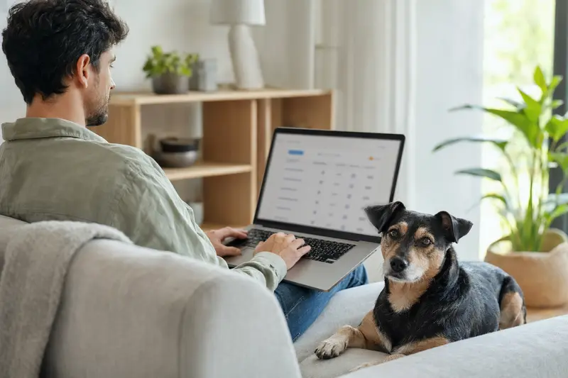 Ein Hund sitzt neben seinem Besitzer, der am Laptop auf dem Sofa sitzt und Versicherungsinformationen betrachtet.