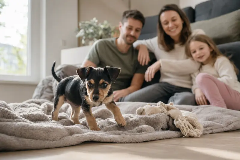 Ein neugieriger Ratero Welpe entdeckt sein neues Zuhause mit einer weichen Decke und Spielzeug.