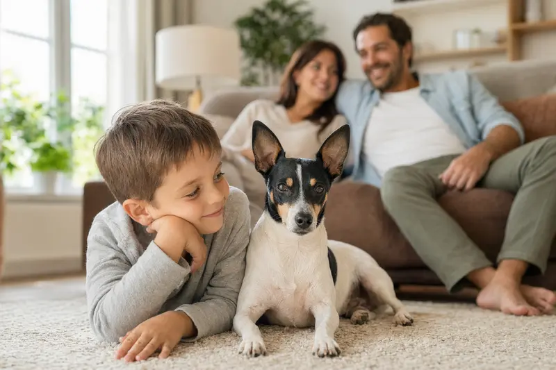 Ein freundlicher Ratonero Andaluz Hund liegt entspannt neben einem Kind im Wohnzimmer, während Eltern im Hintergrund eine sichere Familienatmosphäre schaffen.