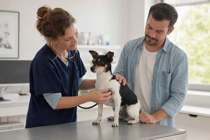Ein Ratonero Andaluz Hund wird von einer freundlichen Tierärztin mit einem Stethoskop untersucht, während der Besitzer beruhigend daneben steht.