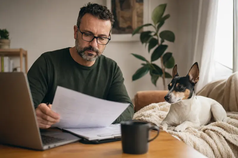 Ein ruhiger Ratonero Andaluz liegt auf einer Decke, während sein Besitzer am Tisch eine Tierarztrechnung prüft, passend zum Thema Hundekrankenversicherung.