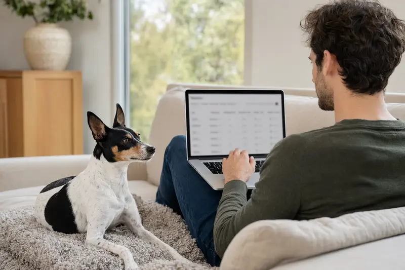 Ein Hund sitzt neben seinem Besitzer auf dem Sofa, während dieser am Laptop eine Versicherungsvergleichsseite öffnet.
