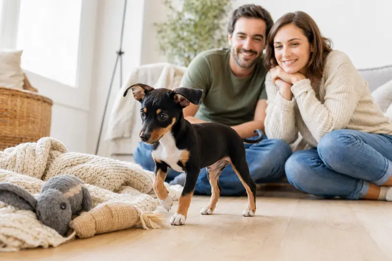 Ein neugieriger Ratonero Andaluz Welpe erkundet sein neues Zuhause mit liebevoller Familie im Hintergrund.